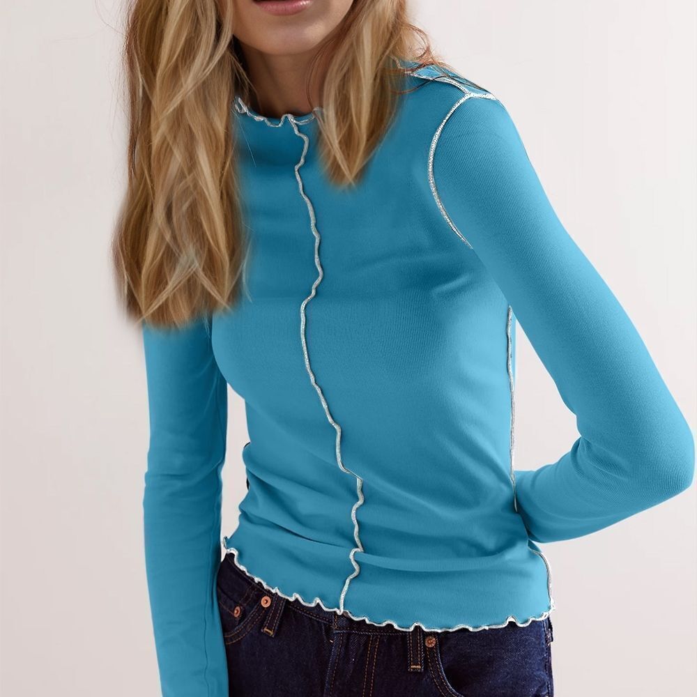 Turquoise Long Sleeve Top with Navy Stitching - Picture 2 of 5